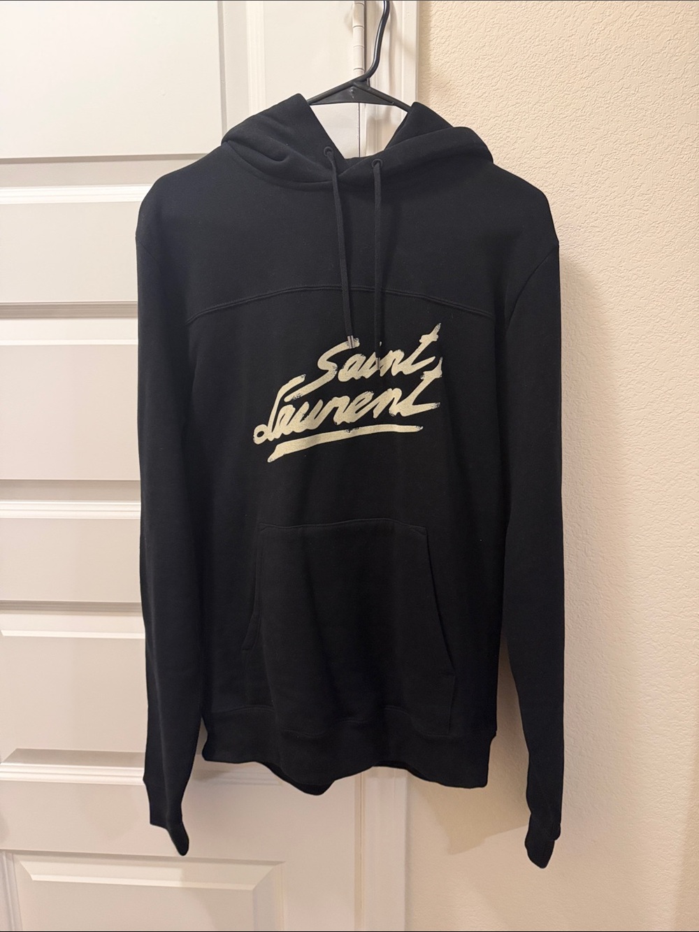 Saint Laurent Black Crewneck Hoodie with Cream Script Logo